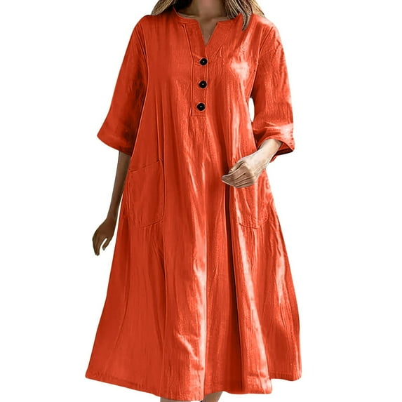 Lenpel Women's 3/4 Sleeve Dresses Casual Loose V Neck Half Button Flowy A-Line Dress Midi Shirt Dress with Pockets