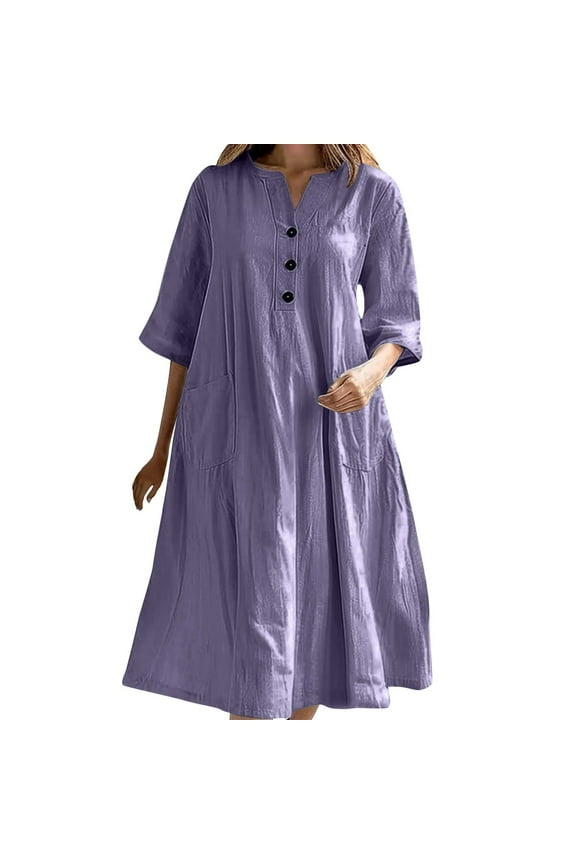 Women's 3/4 Sleeve Dresses Casual Loose V Neck Half Button Flowy A-Line Dress Midi Shirt Dress with Pockets