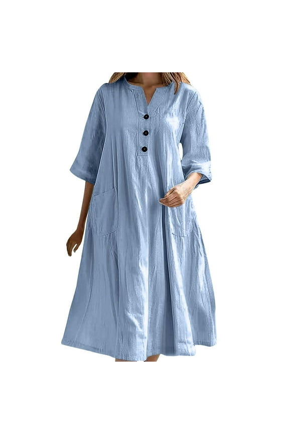 Women's 3/4 Sleeve Dresses Casual Loose V Neck Half Button Flowy A-Line Dress Midi Shirt Dress with Pockets