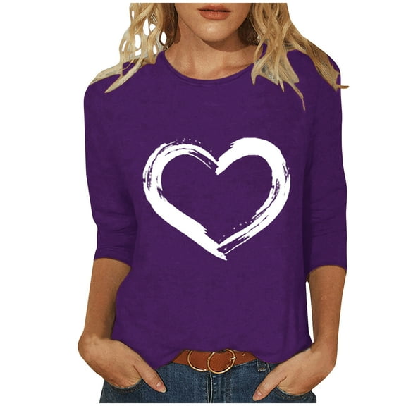 Lenpel Women's 3/4 Sleeve Shirts Plus Size Crew Neck Heart Print Loose Casual Tee Tops Spring Summer Blouses