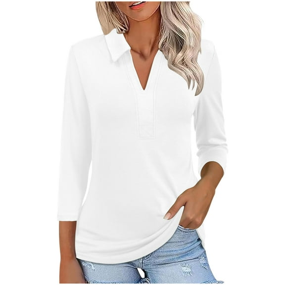 Lenpel Women's 3/4 Sleeve T Shirts Trendy V Neck Collared Solid Color Tunic Tops Dressy Casual Tees Loose Blouses(White,Small)