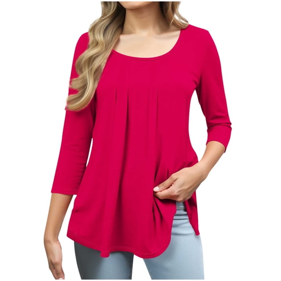 Lenpel Women's 3/4 Sleeve Tops Trendy Square Neck Pleated Front Solid Color Dressy Casual T Shirts Tunic Tee Blouses