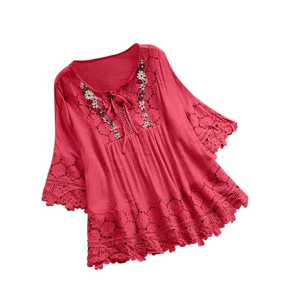 Lenpel Women's 3/4 Sleeve Tops Plus Size Cotton Linen V Neck Lace Floral Dressy Casual Blouses Loose Tunic Shirts