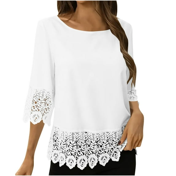 Lenpel Women's 3/4 Sleeve Tunic Tops Casual Crew Neck Lace Patchwork Solid Color T Shirts Spring Summer Loose Blouses