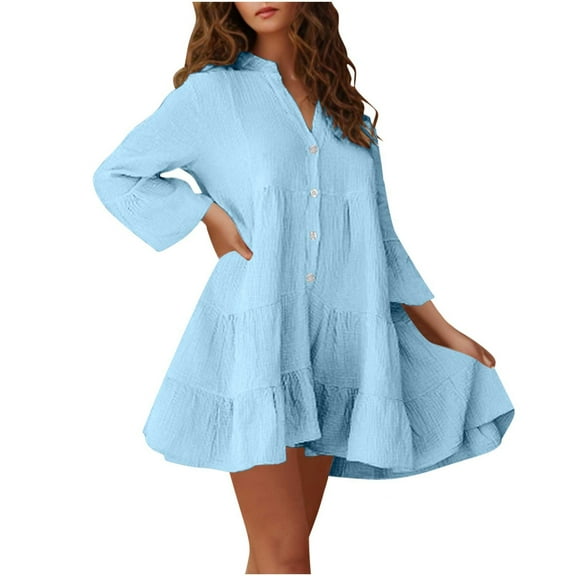 Lenpel Women's Babydoll Dresses Bell Long Sleeve V Neck Button Ruched Tiered Mini Dress Loose Casual Dresses