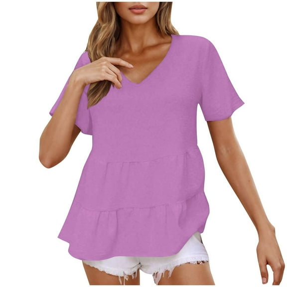 Lenpel Women's Babydoll Tops Summer Short Sleeve V Neck Tiered Peplum T Shirts Casual Loose Tunic Blouses