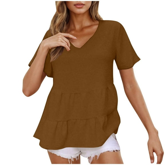 Lenpel Women's Babydoll Tops Summer Short Sleeve V Neck Tiered Peplum T Shirts Casual Loose Tunic Blouses