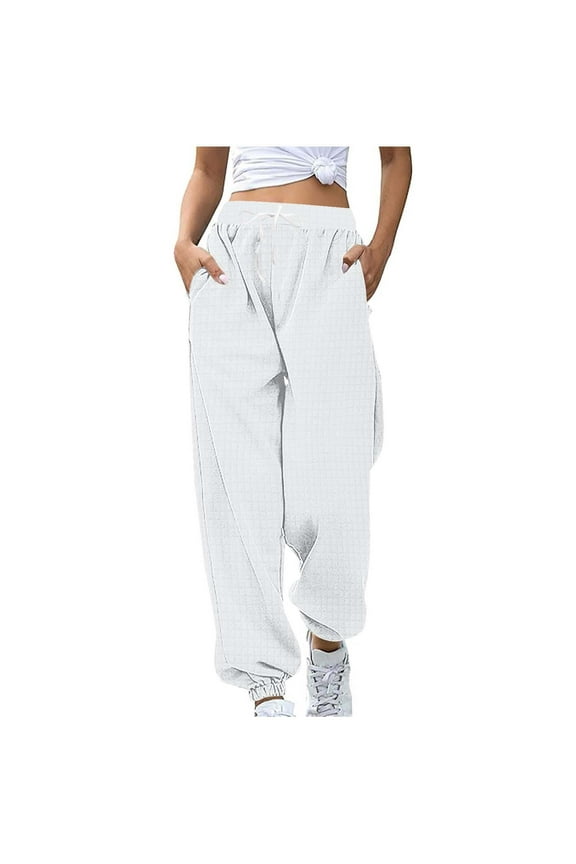 Women's Baggy Joggers Casual Elastic High Waisted Drawstring Textured Cinch Bottom Sweatpants Lounge Workout Pants(White,X-Large)