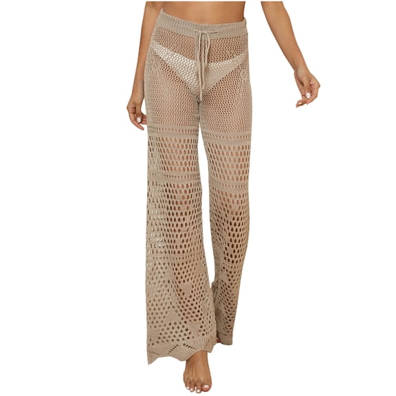 Lenpel Women's Beach Pants High Waisted Drawstring Hollow out Wide Leg Crochet Boho Pants Cover up Pants