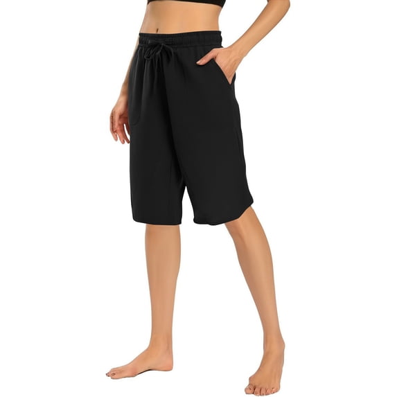 Lenpel Women's Bermuda Shorts Casual Loose Elastic High Waisted Drawstring Knee Length Cotton Linen Shorts Summer Beach Shorts
