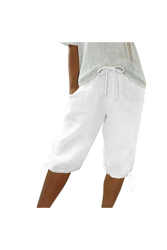 Women's Bermuda Shorts Cotton Linen Knee Length High Waisted Drawstring Loose Beach Shorts Summer Casual Shorts