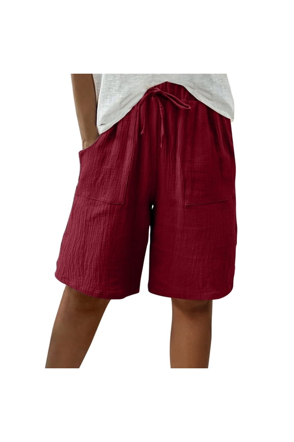 Women's Bermuda Shorts Elastic High Waisted Drawstring Pleated Knee Length Shorts Casual Summer Shorts with Pockets