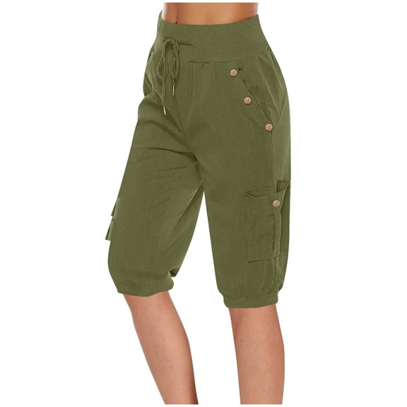 Lenpel Women's Bermuda Shorts Elastic High Waisted Drawstring Tapered Mid Length Cargo Shorts Summer Casual Shorts with Pockets