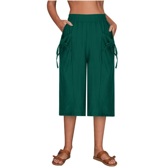 Lenpel Women's Bermuda Shorts Elastic High Waisted Knee Length Plus Size Cotton Linen Shorts Casual Loose Shorts with Pockets