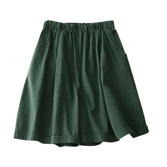 Lenpel Women's Bermuda Shorts Elastic High Waisted Knee Length Wide Leg Cotton Linen Shorts Summer Casual Shorts with Pockets