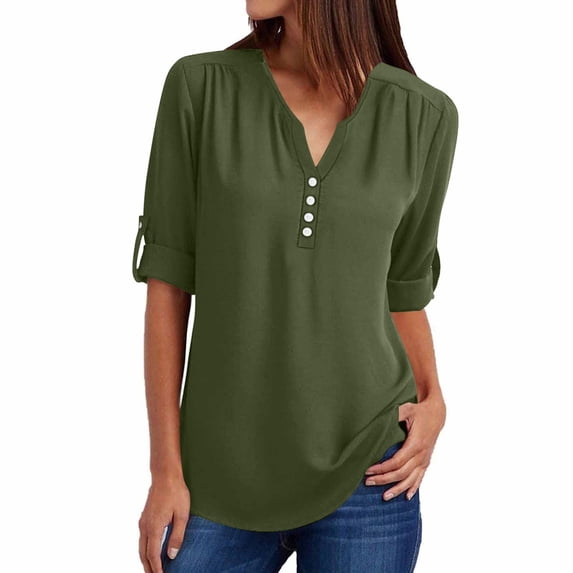 Lenpel Women's Blouses Soft V Neck Half Sleeve Button Dressy Casual Tunic Tops Trendy Spring Summer Outfits