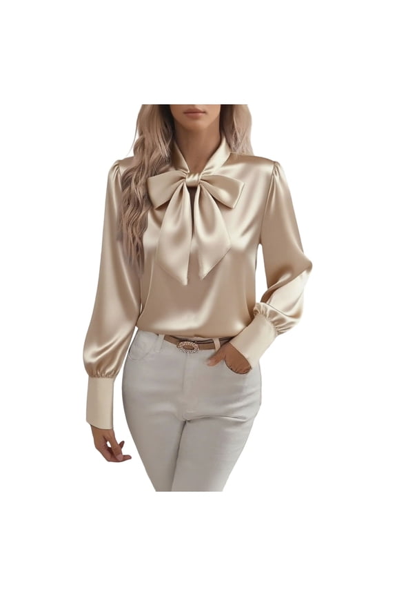 Women's Bow Tie Neck Blouses Elegant Long Sleeve Solid Color Dressy Casual Work Tops Loose Office Shirts(Khaki,Small)