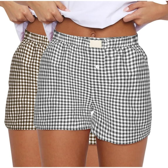 Lenpel Women's Boxer Shorts 2 Pc Summer Casual Elastic High Waisted Plaid Pajama Lounge Shorts Sleep Pj Bottoms