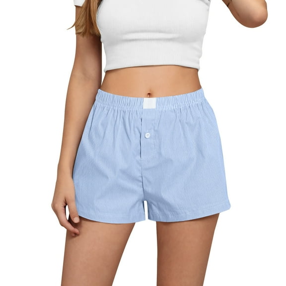 Lenpel Women's Boxer Shorts Cotton Linen Elastic High Waisted Plaid Lounge Shorts Summer Casual Beach Shorts