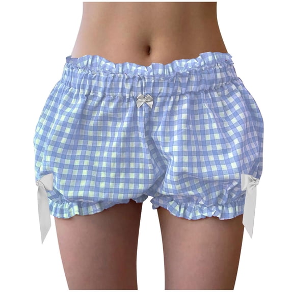 Lenpel Women's Boxer Shorts Plaid High Waisted Ruffle Trim Bow Knots Lounge Sleep Bottoms Casual Beach Shorts
