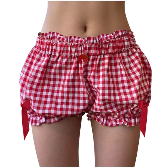 Lenpel Women's Boxer Shorts Plaid High Waisted Ruffle Trim Bow Knots Lounge Sleep Bottoms Casual Beach Shorts