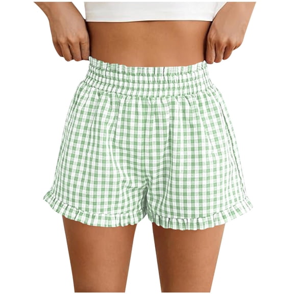 Lenpel Women's Boxer Shorts Ruffle Elastic High Waisted Plaid Sleep Lounge Shorts Lightweight Summer Beach Shorts
