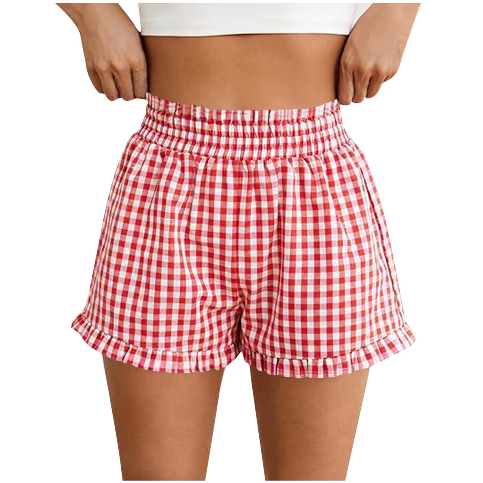 Lenpel Women's Boxer Shorts Ruffle Elastic High Waisted Plaid Sleep ...