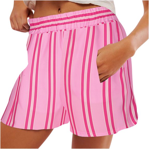 Lenpel Women's Boxer Shorts Striped Elastic High Waisted Wide Leg Lounge Shorts Summer Casual Shorts with Pockets