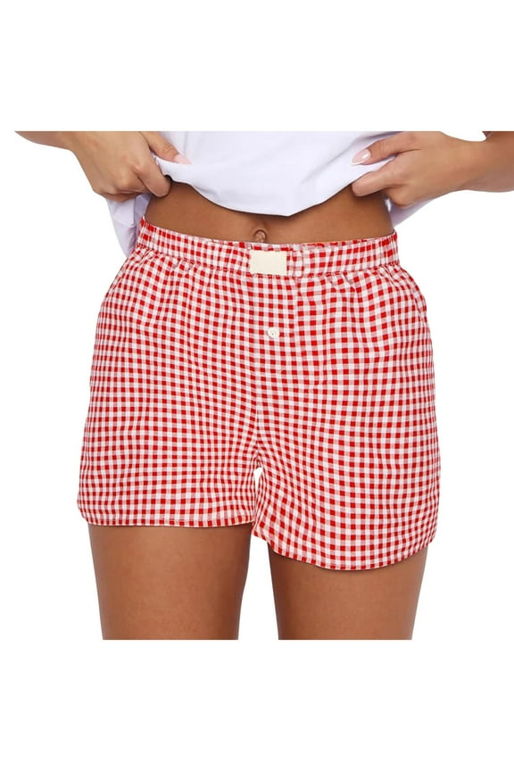 Women's Boxer Shorts Trendy Summer Elastic High Waisted Plaid Lounge Pajama Shorts Casual Beach Shorts