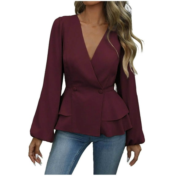 Lenpel Women's Business Casual Peplum Tops Lantern Long Sleeve Wrap Deep V Neck Layered Button down Shirts Dressy Work Blouses(Wine,Large)