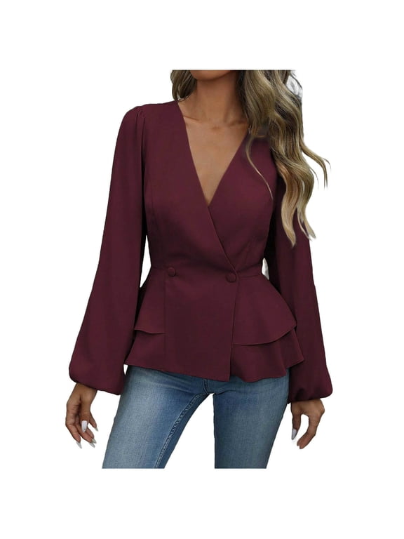 Women's Business Casual Peplum Tops Lantern Long Sleeve Wrap Deep V Neck Layered Button down Shirts Dressy Work Blouses(Wine,Large)