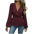 thumbnail image 1 of Lenpel Women's Business Casual Peplum Tops Lantern Long Sleeve Wrap Deep V Neck Layered Button down Shirts Dressy Work Blouses(Wine,X-Large), 1 of 7
