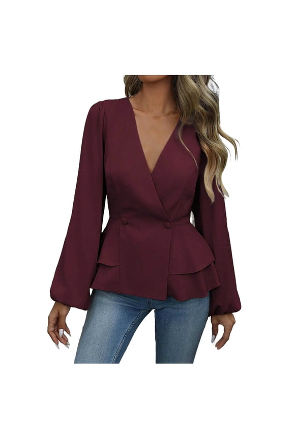 Women's Business Casual Peplum Tops Lantern Long Sleeve Wrap Deep V Neck Layered Button down Shirts Dressy Work Blouses(Wine,XX-Large)