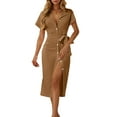 thumbnail image 1 of Lenpel Women's Button down Shirt Dress Short Sleeve Lapel V Neck Belted Bodycon Midi Dress Plus Size Summer Dresses, 1 of 6