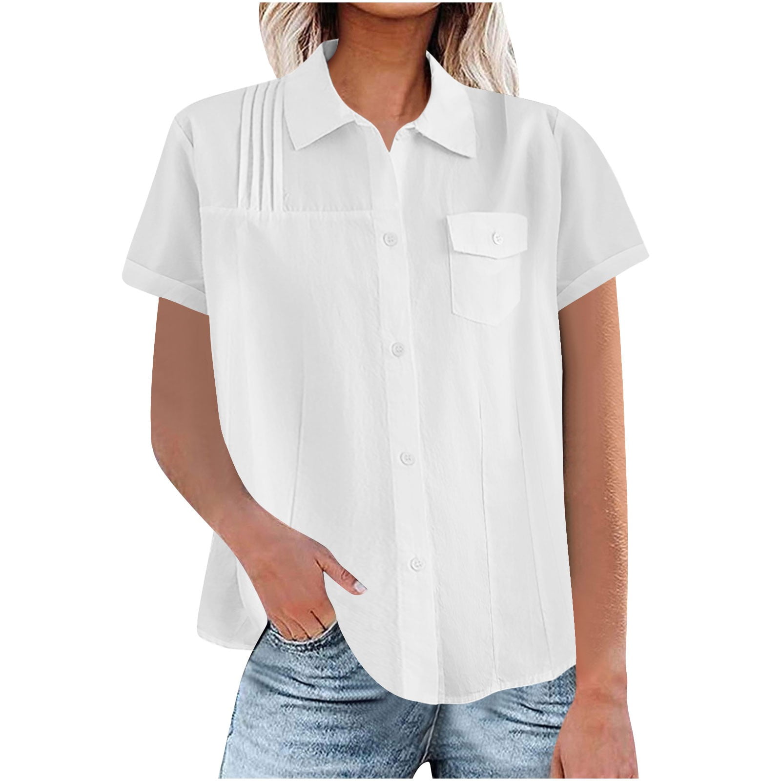 Lenpel Women's Button down Shirts Summer Short Sleeve Pleated Collared ...