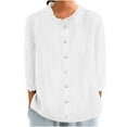 thumbnail image 1 of Lenpel Women's Button down Shirts Trendy Ruffle Crew Neck 3/4 Sleeve Cotton Linen Tops Loose Casual Blouses, 1 of 6