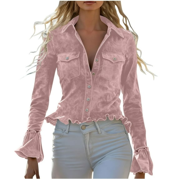 Lenpel Women's Button down Shirts Bell Long Sleeve Collared Ruffle Trim Slim Crop Velvet Tops Vintage Casual Blouses(Pink,XX-Large)