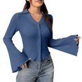 thumbnail image 1 of Lenpel Women's Button down Shirts Bell Long Sleeve V Neck Collared Textured Slim Crop Tops Soft Casual Blouses Going out Tops(Blue,X-Large), 1 of 5