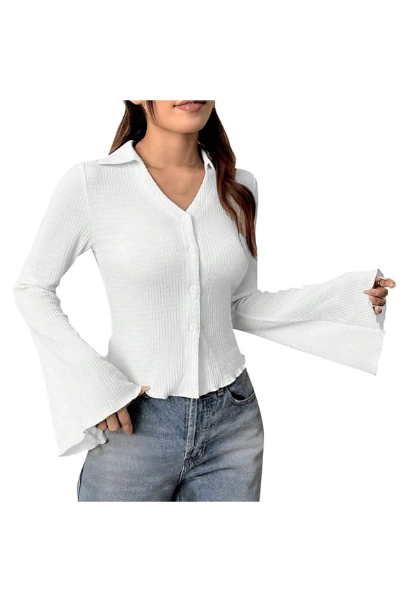 Women's Button down Shirts Bell Long Sleeve V Neck Collared Textured Slim Crop Tops Soft Casual Blouses Going out Tops(White,X-Large)