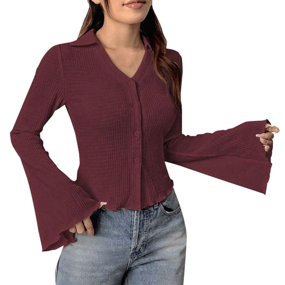 Lenpel Women's Button down Shirts Bell Long Sleeve V Neck Collared Textured Slim Crop Tops Soft Casual Blouses Going out Tops(Wine,Medium)