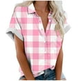 thumbnail image 1 of Lenpel Women's Button down Shirts Casual Short Sleeve V Neck Plaid Collared Blouses with Pocket Loose Summer Tops, 1 of 5
