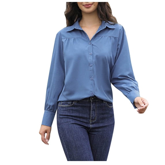 Lenpel Women's Button down Shirts Collared Long Lantern Sleeve Business Casual Blouses Pleated Work Tops