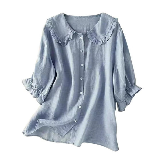 Lenpel Women's Button down Shirts Cotton Half Lantern Sleeve Babydoll Collared Casual Loose Blouses Spring Summer Tops