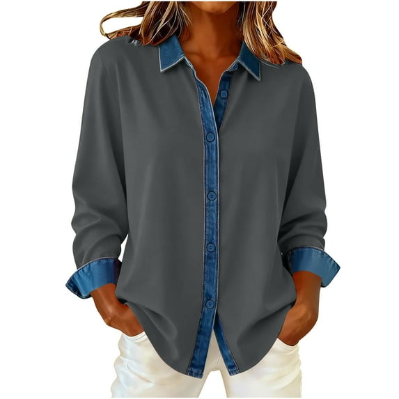 Lenpel Women's Button down Shirts Long Sleeve Collared Curved Hem Color Block Patchwork Casual Tops Loose Trendy Blouses(Dark Gray,Medium)
