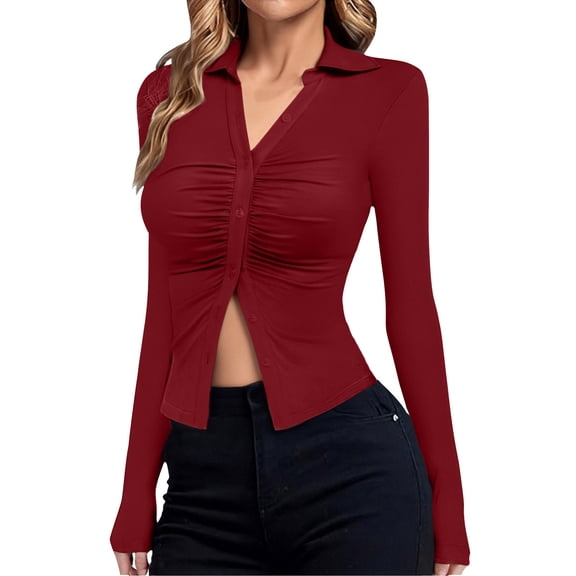 Lenpel Women's Button down Shirts Long Sleeve Collared Pleated Slim Velvet Tops Blouses Soft Casual Tunic Blouses Going out Tops(Red,Medium)