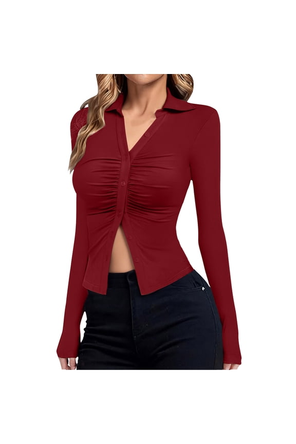Women's Button down Shirts Long Sleeve Collared Pleated Slim Velvet Tops Blouses Soft Casual Tunic Blouses Going out Tops(Red,Medium)