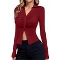 thumbnail image 1 of Lenpel Women's Button down Shirts Long Sleeve Collared Pleated Slim Velvet Tops Blouses Soft Casual Tunic Blouses Going out Tops(Red,X-Large), 1 of 7