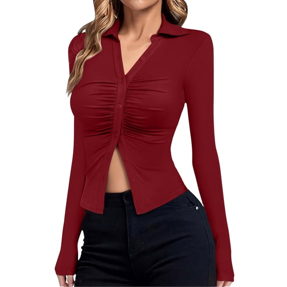 Lenpel Women's Button down Shirts Long Sleeve Collared Pleated Slim Velvet Tops Blouses Soft Casual Tunic Blouses Going out Tops(Red,X-Large)
