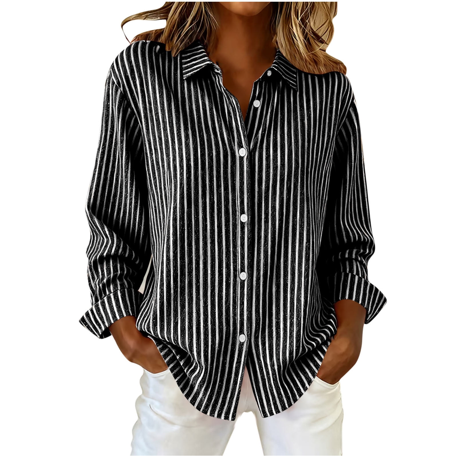 Lenpel Women's Button down Shirts Long Sleeve Collared Striped Business ...