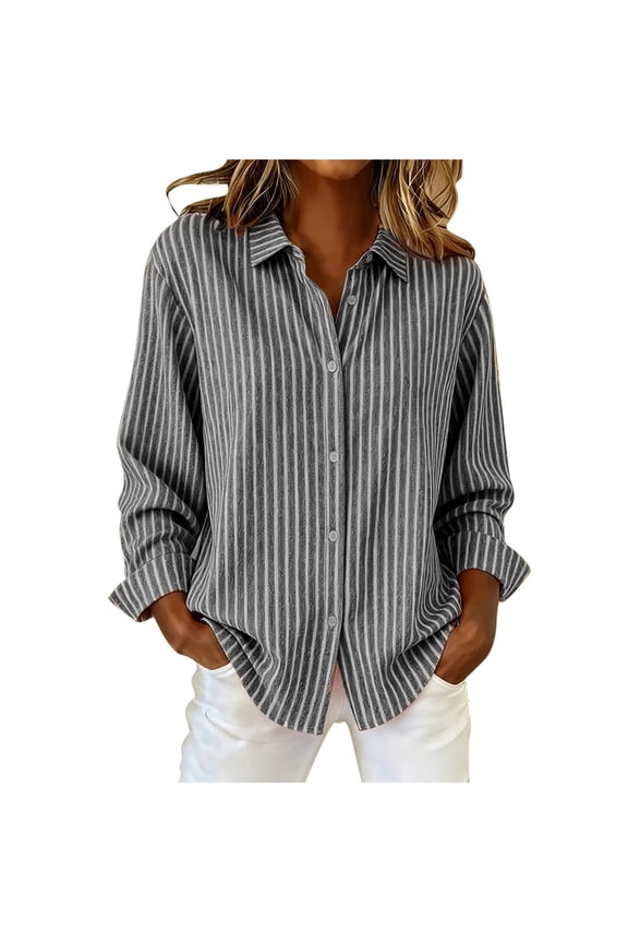 Women's Button down Shirts Long Sleeve Collared Striped Business Casual Tops Dressy Work Blouses Loose Dress Shirts(Gray,Medium)